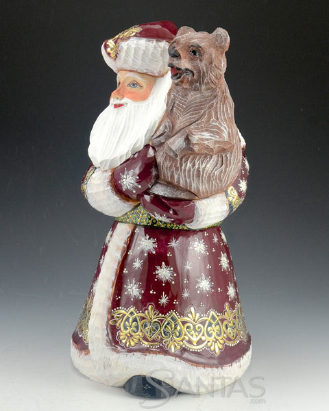 Large Red Ornate Russian Santa Holding a Brown Bear 12 inch