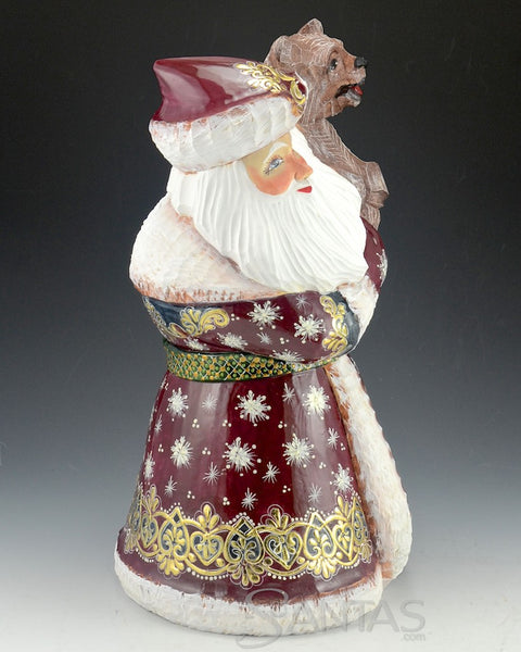 Large Red Ornate Russian Santa Holding a Brown Bear 12 inch