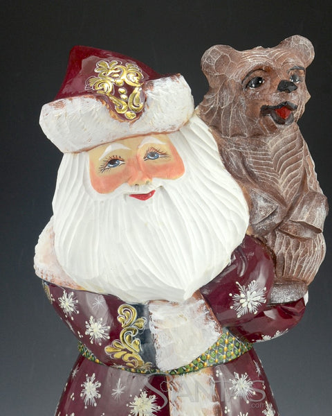 Large Red Ornate Russian Santa Holding a Brown Bear 12 inch