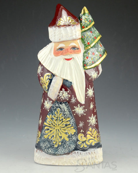 Shiny Red Russian Santa Claus Holding a Tree and Toy Bag 7 inch