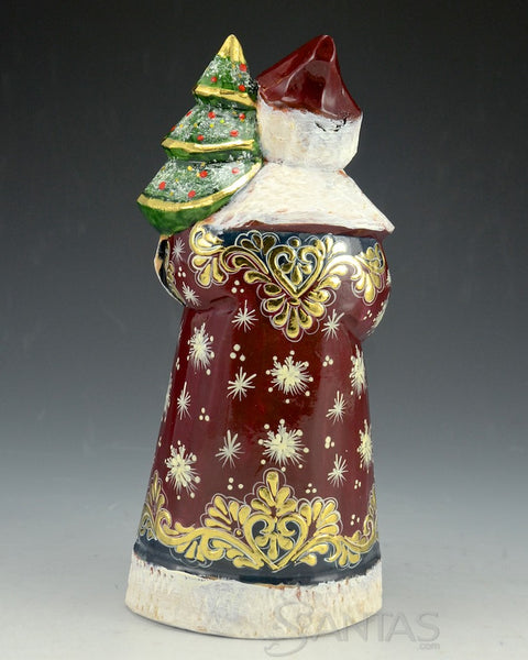 Shiny Red Russian Santa Claus Holding a Tree and Toy Bag 7 inch