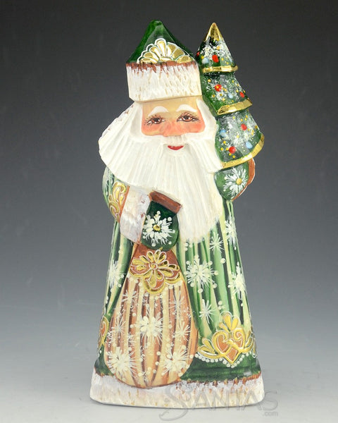 Shiny Green Russian Santa Claus Holding a Tree and Toy Bag 7 inch