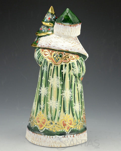 Shiny Green Russian Santa Claus Holding a Tree and Toy Bag 7 inch