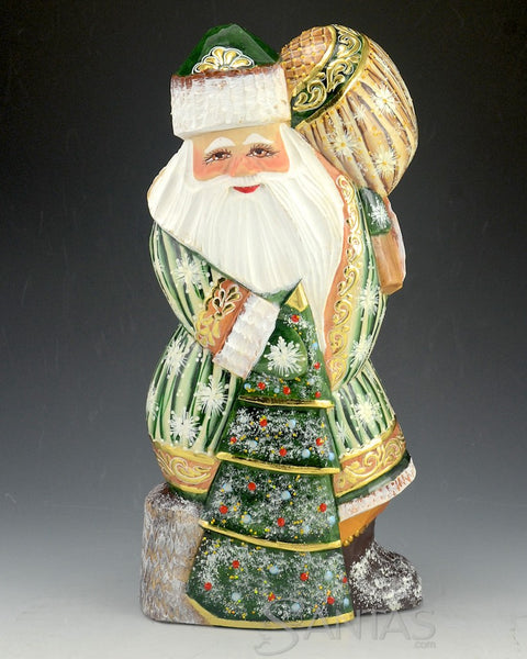 Jolly Green Russian Santa with Toy Bag and Tree on Stump 10 inch