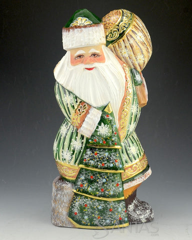 Jolly Green Russian Santa with Toy Bag and Tree on Stump 10 inch