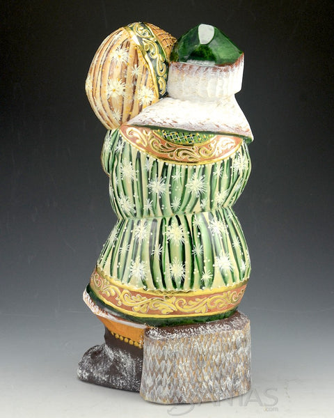 Jolly Green Russian Santa with Toy Bag and Tree on Stump 10 inch