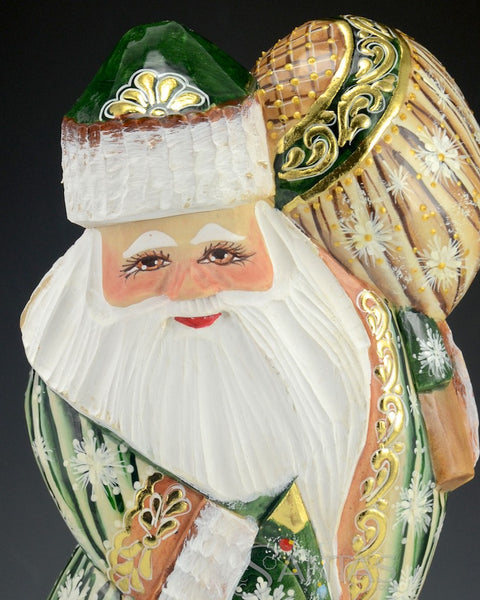 Jolly Green Russian Santa with Toy Bag and Tree on Stump 10 inch