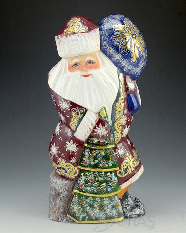 Shiny Red Russian Santa with Toy Bag and Tree sitting on Stump 10 inch