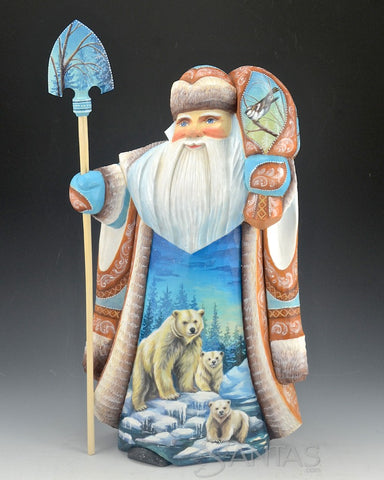 Scenic Russian Santa Carving With Polar Bears, Moose and Birds 14 inch