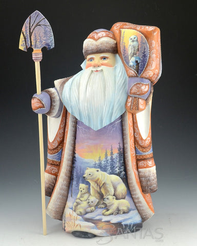 Scenic Russian Santa Carving With Polar Bears, Deer, an owl and Birds 14 inch