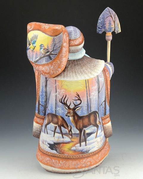 Scenic Russian Santa Carving With Polar Bears, Deer, an owl and Birds 14 inch
