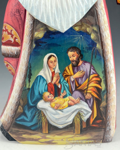 Carved Russian Santa with Nativity Scene and Lantern