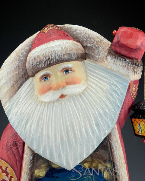 Carved Russian Santa with Nativity Scene and Lantern