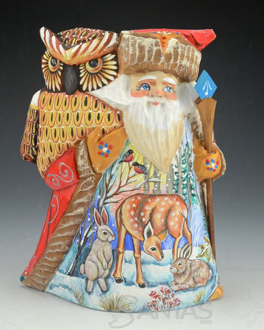 7 inch Russian Santa with Carved Owl and Forest Animals