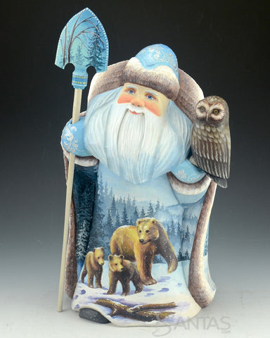 Russian Santa Carving with Brown Bear Cubs - Moose - and an Owl 12 inch