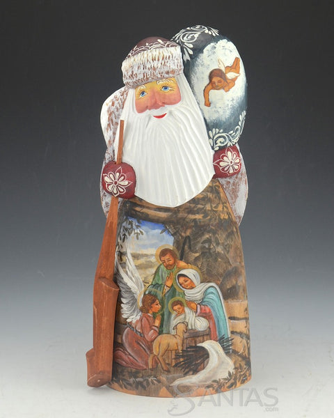 10 inch Santa With Nativity and Angel on Toy Bag Russian Santa