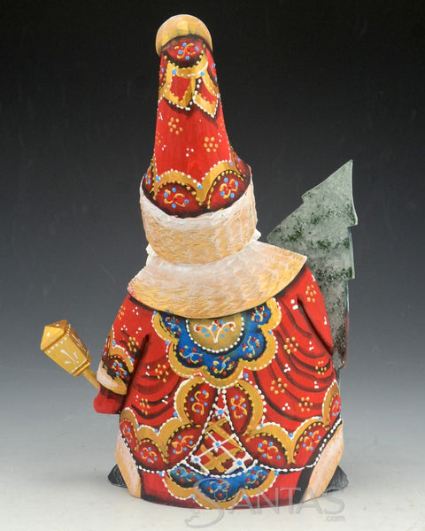 Tall Hat Traditional Santa Carving Holding a Tree and lantern 8 inch