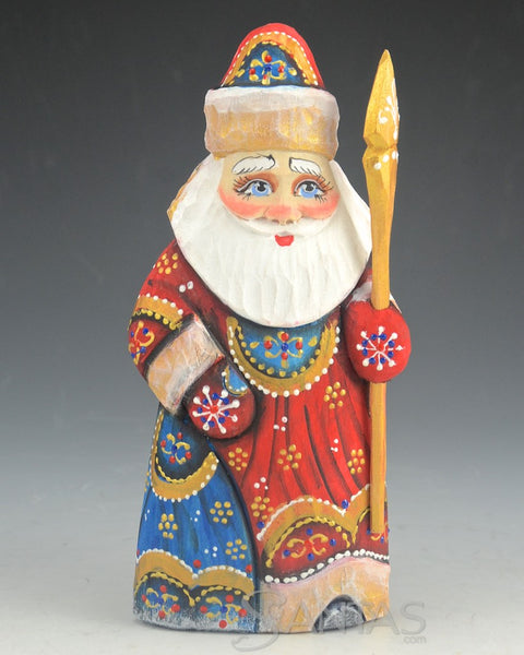 Russian Santa in Traditional Red holding a Toy Bag and Staff 6 inch