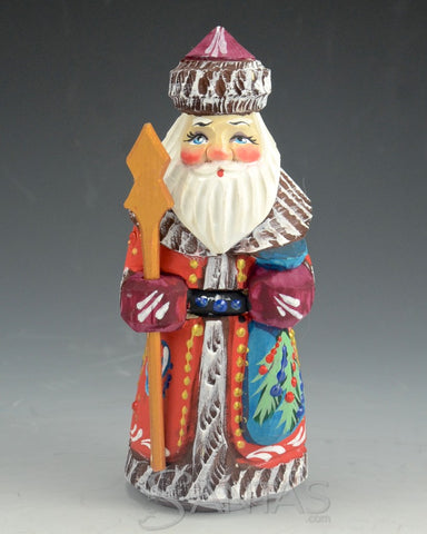5 inch Red Russian Santa Carving With Staff and Brown Trim