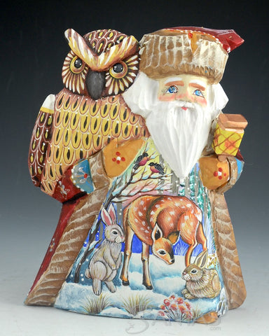 7 inch Russian Santa with Lantern, Carved Owl and Forest Animals