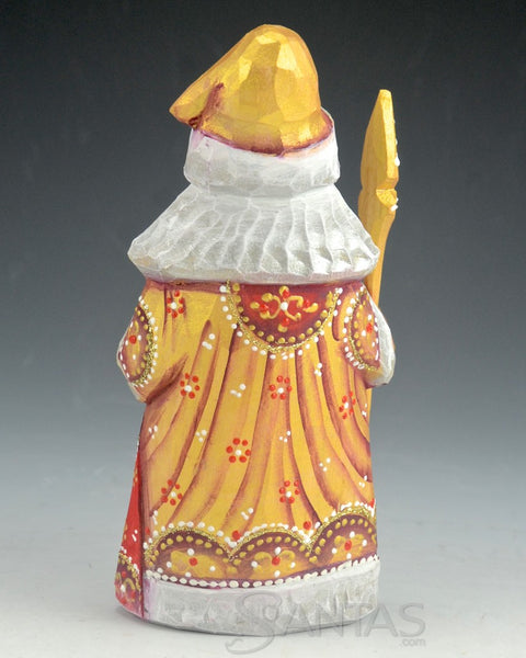 Decorative Gold Russian Santa Carving holding a Toy Bag and Staff 6 inch