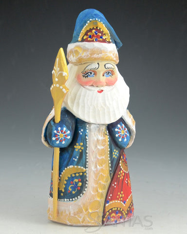 Blue, Gold and White Russian Santa Carving holding a Toy Bag and Staff 6 inch