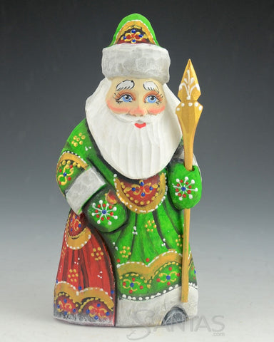 Green, red and White Russian Santa Carving holding a Toy Bag and Staff 6 inch