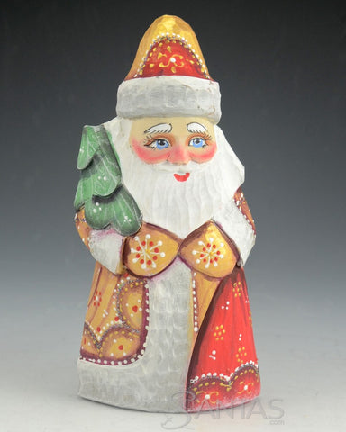 Gold, Red and White Santa Carving with Christmas Tree and Toy Bag 6 inch