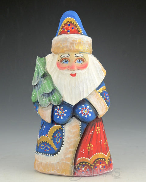 Blue, Red and White Santa Carving with Christmas Tree and Toy Bag 6 inch