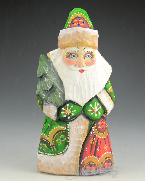 Green, Red and White Santa Carving with Christmas Tree and Toy Bag 6 inch