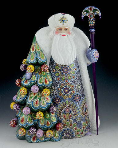 Hand Carved Russian Santa with Elaborately Decorated Christmas Tree 14 inch