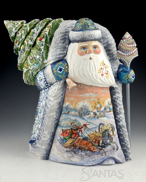 Hand Carved Russian Santa with large Tree and Troika scene