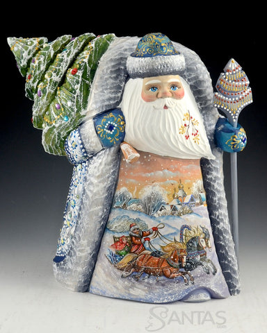 Hand Carved Russian Santa with large Tree and Troika scene
