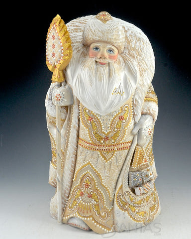 Elegant White and Gold Hand Carved and painted Russian Santa 12.5 inch