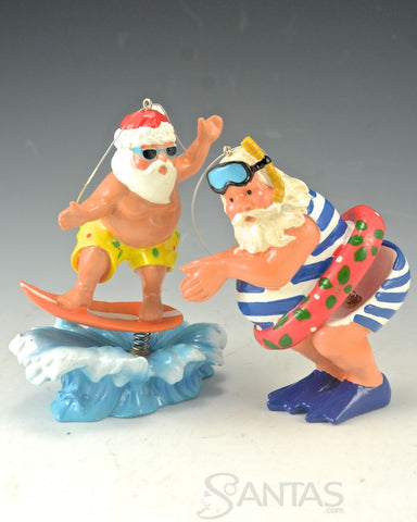 Snorkeling and Surfing Santa ornaments - set of 2