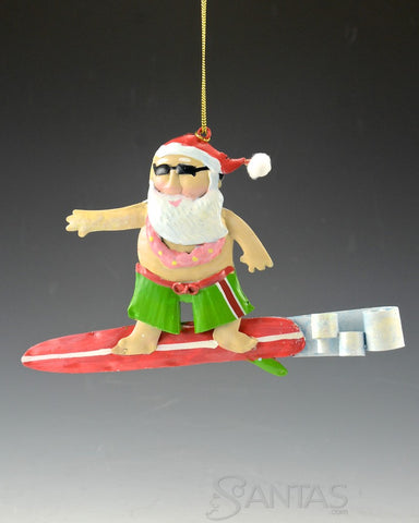 Tin Surfing Santa on Surfboard Catching a Wave