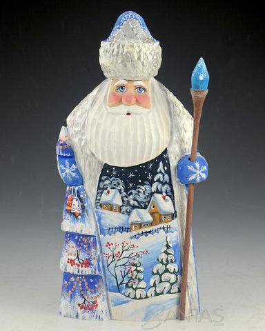 Blue Russian Santa Carving with Tree and Snow Scene on Front 7.6 inch