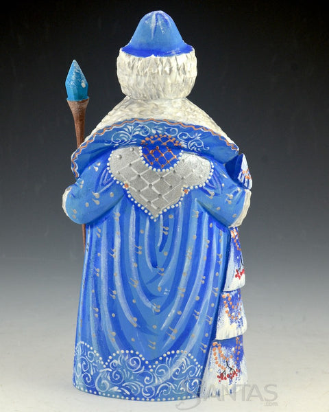 Blue Russian Santa Carving with Tree and Snow Scene on Front 7.6 inch