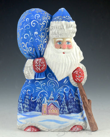 Wide Blue Russian Scenic Santa with Tree and Staff 6 inch
