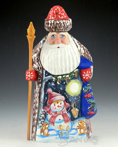 Red Russian Santa Carving with Toy Bag and Snowman Scene on Front 7.6 inch