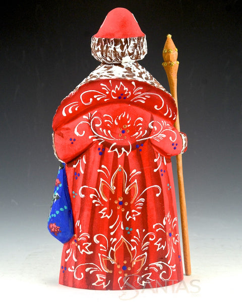 Red Russian Santa Carving with Toy Bag and Snowman Scene on Front 7.6 inch