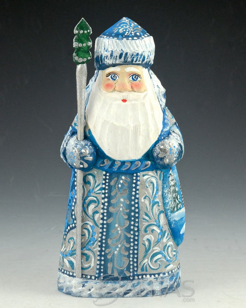 Blue and Silver Russian Santa Carving with staff and Toy Bag 6 inch