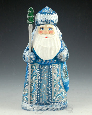 Blue and Silver Russian Santa Carving with staff and Toy Bag 6 inch