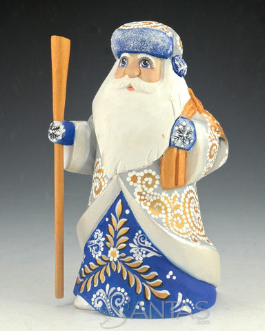Blue and Gold Trimmed Russian Santa with Toy Bag and Staff 6 inch
