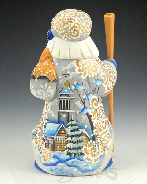 Blue and Gold Trimmed Russian Santa with Toy Bag and Staff 6 inch