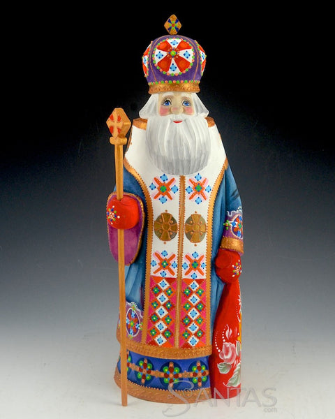 Saint Nicholas hand carved Russian Santa with Staff and Toy Bag 13 inch