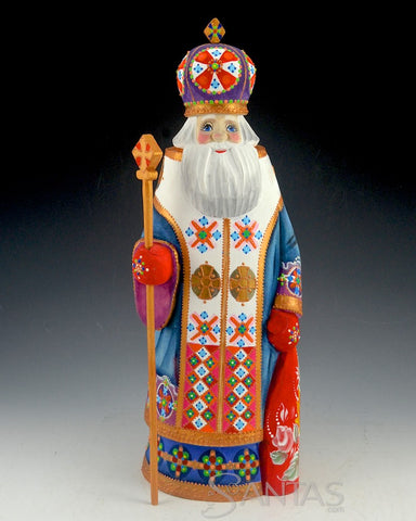 Saint Nicholas hand carved Russian Santa with Staff and Toy Bag 13 inch