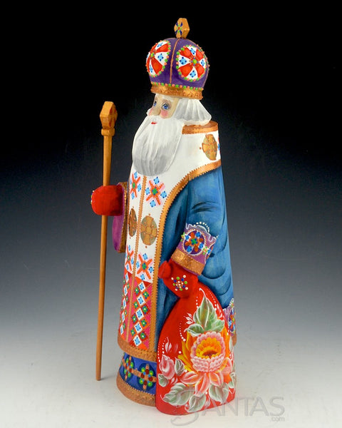 Saint Nicholas hand carved Russian Santa with Staff and Toy Bag 13 inch