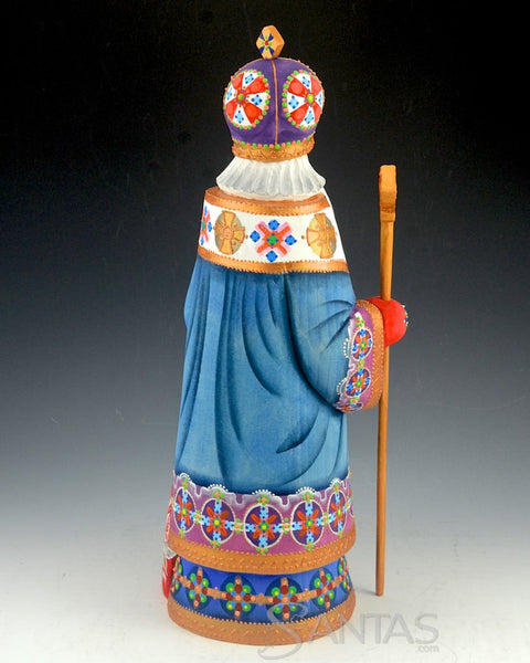 Saint Nicholas hand carved Russian Santa with Staff and Toy Bag 13 inch