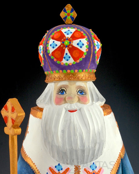 Saint Nicholas hand carved Russian Santa with Staff and Toy Bag 13 inch